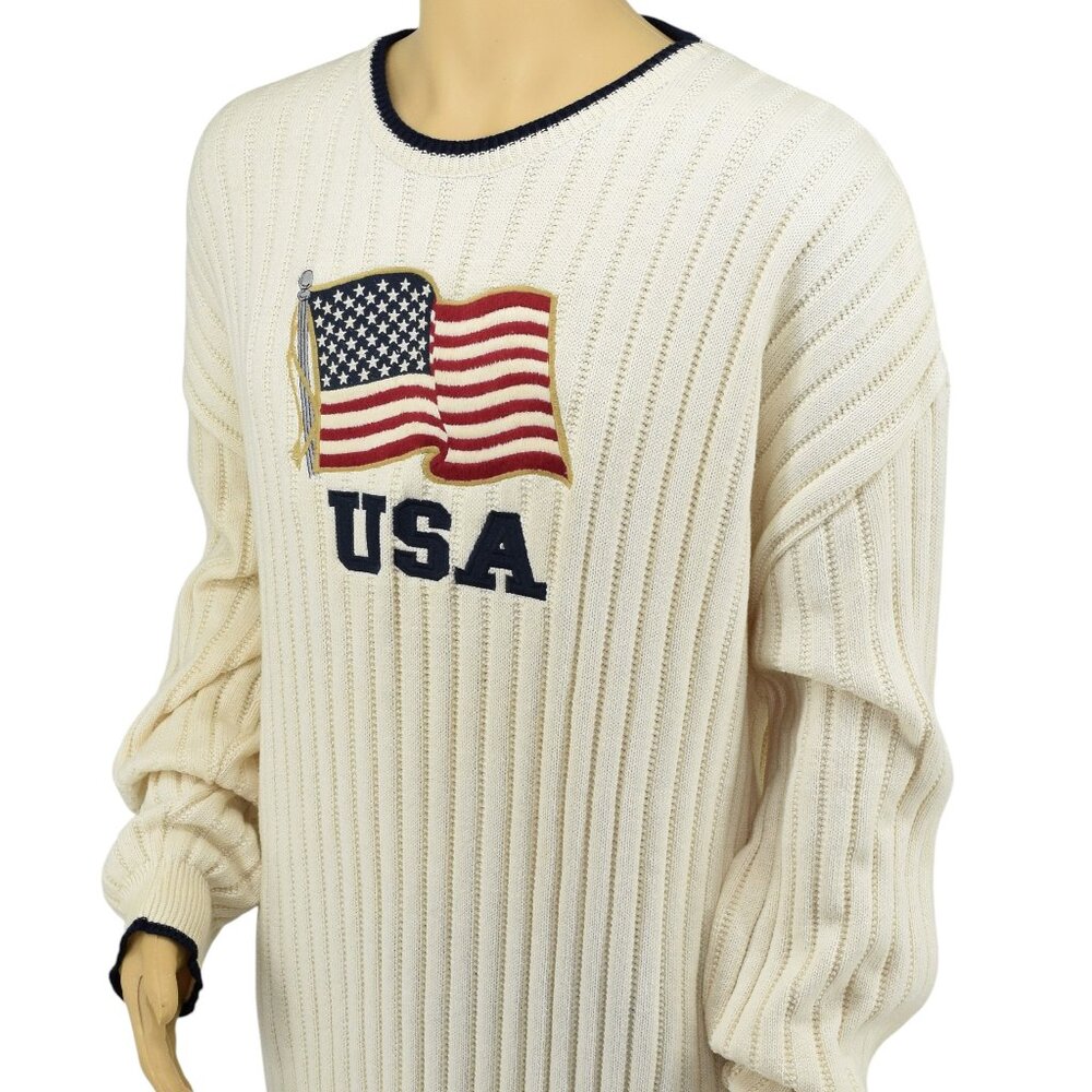 NWT ROUNDTREE & YORKE Vintage 90's USA Flag Ribbed Cotton Natural Sweater Sz 3X